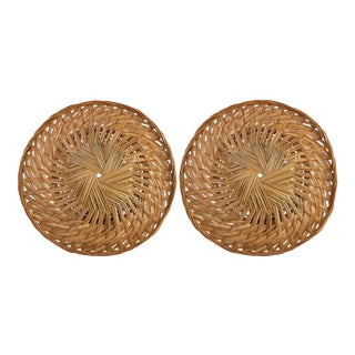 Hand Woven Wicker Rattan Boho Wall Hanging Decor Round Basket - a Pair For Sale