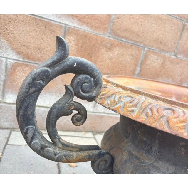 Vintage Ornate Cast Iron Garden Urn Planter With Scroll Handles & Aged Patina For Sale - Image 4 of 12