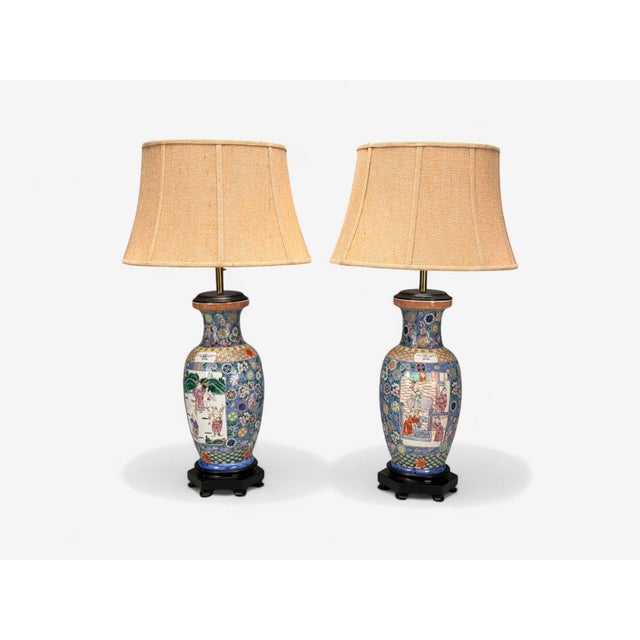 Famille Rose, Large Chinese Table Lamps, Porcelian, Rosewood, China, 19th c. A pair of finely detailed 19th Century Table...
