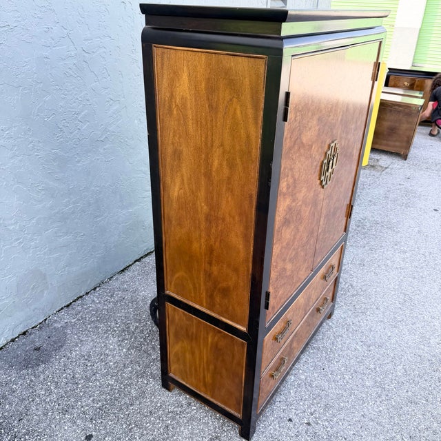 Mid 20th Century Vintage Chinoiserie Burlwood and Black Armoire With Brass Accents by Century Furniture For Sale - Image 5 of 12