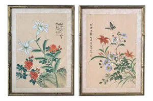 Antique Chinese Floral Watercolor Gouache Silk Paintings in Bamboo Frames