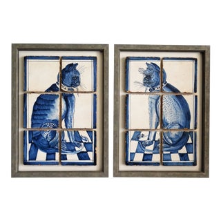 Antique Dutch Delft Framed Cat Tile Plaques, Set of 2 For Sale