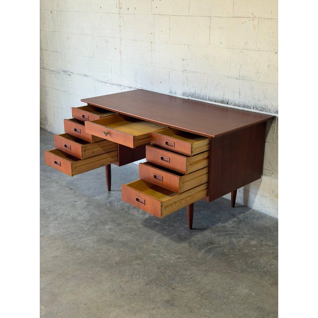 Wood Teak Executive Desk With Inset Handles Danish Mid-Century Modern 1960s For Sale - Image 7 of 11