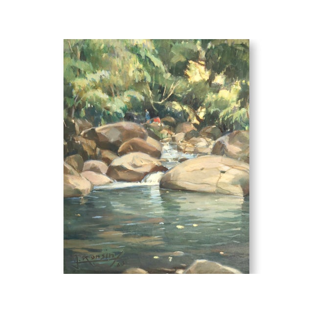Original 1963 oil on canvas signed J. Ronsin, capturing the Rivière de Pigeon in Guadeloupe. Sunlight filters through lush...