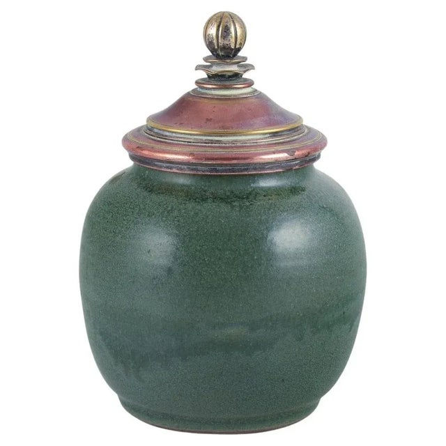 Ceramic Jar Glazed in Green Hues with a Brass and Bronze Lid, 1930s For Sale - Image 10 of 10