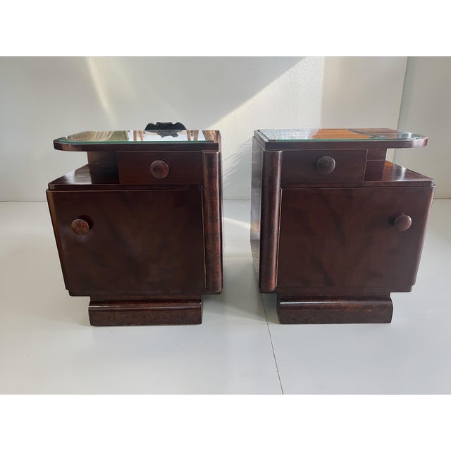 Art Deco Bedside Tables with Burl Walnut Veneer and Glass Tops, Europe, 1950s, Set of 2 For Sale - Image 12 of 13