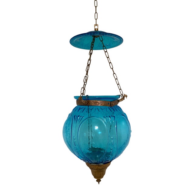 19th Century English Blue Glass Bell Jar Hanging Lantern For Sale