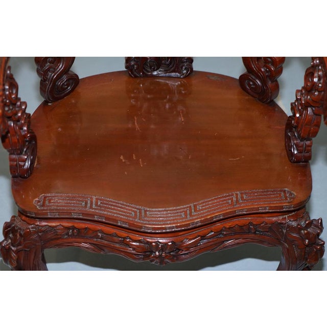 Vintage Chinese Red Lacquered Carved Elm Armchair with Heavy Foliage Detailing For Sale - Image 13 of 18