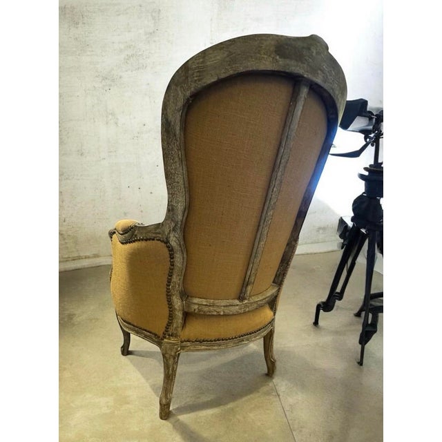 Wood Arhaus French Bergère Style Upholstered Armchairs – Pair | Carved Wood Frame | Neutral Linen For Sale - Image 7 of 8