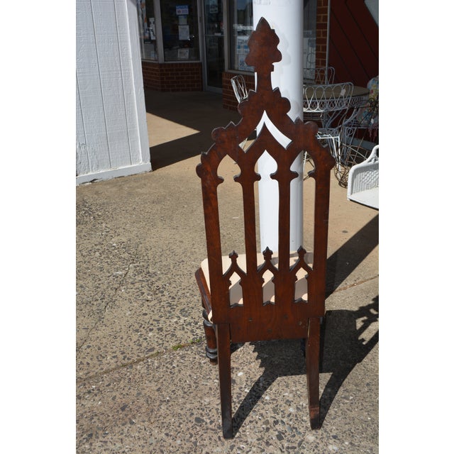 Coffee Vintage Pair Gothic Revival Carved Cathedral Arches Dark Wood Hall / Side Chairs W/ Cushions For Sale - Image 8 of 18