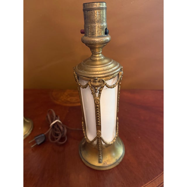 Pair of Vintage French Empire Brass & Milk Glass Table Lamps 12" X 4.5" Ca. 1950 For Sale - Image 12 of 18