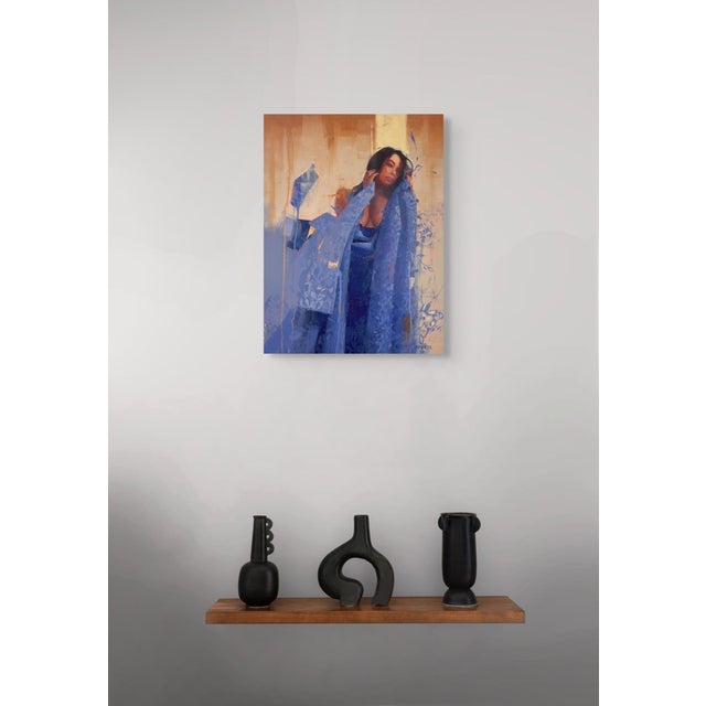2010s Expanse by Ryan Morse | Oil on Panel Woman in blue attire with floral patterns against a warm background For Sale - Image 5 of 5