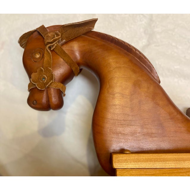 Chestnut 47” Vintage Handcrafted Rocking Horse Solid Cherry Wood,with Leather Bridle and Ears, Carved Mane For Sale - Image 8 of 10