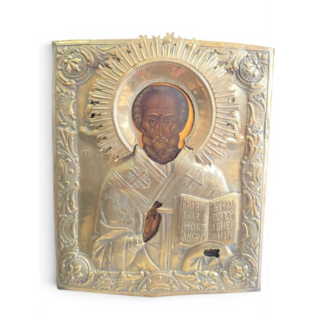 Russian Artist, Icon of Saint Nicholas with Silver-Plated Metal Oklad, 1880, Metal and Silver For Sale - Image 9 of 12