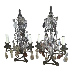 1940's French Regency Maison Bagues Attrib. Rock Crystal/ Bronze Framed/ Amethyst Floral Girandoles/ Electric Table Lamps a - Pair