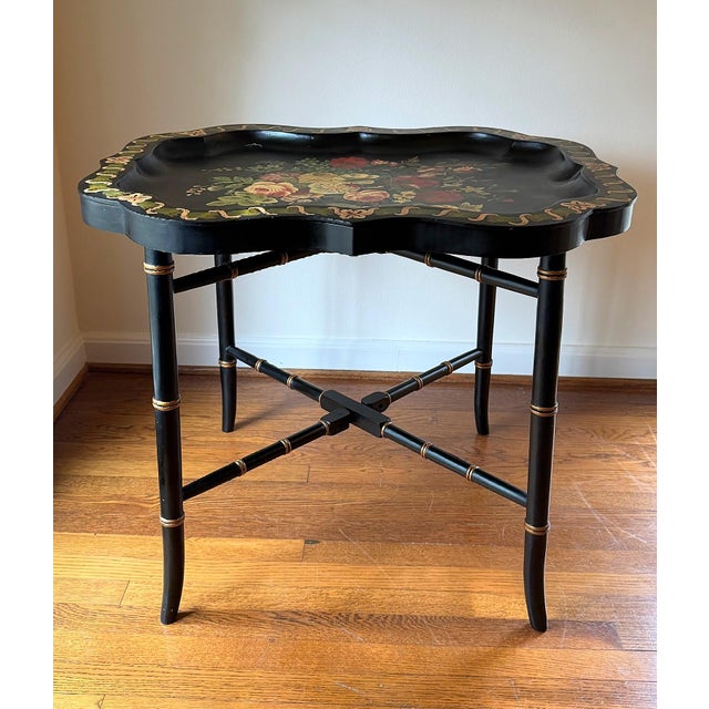 Vintage Chinoiserie Black Neiman Marcus Black Hand Painted Floral Tray Table For Sale - Image 9 of 12