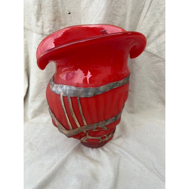 Red Vintage Ion Tamaian Large Red Blown Glass Vase, Signed For Sale - Image 8 of 12