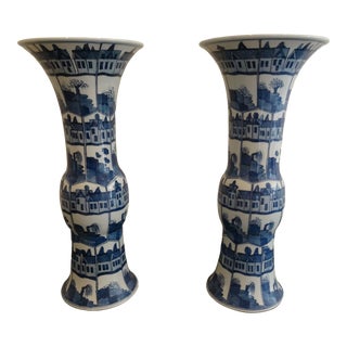 Pair of Early 20th Century Chinese Blue & White Beaker Vases For Sale