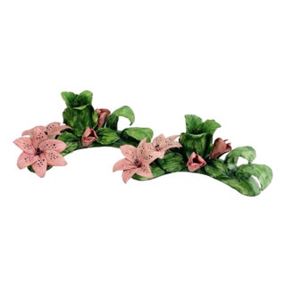 Italian Porcelain Flowers Sculpture Taper Candle Holders Signed Capodimonte - A Pair For Sale