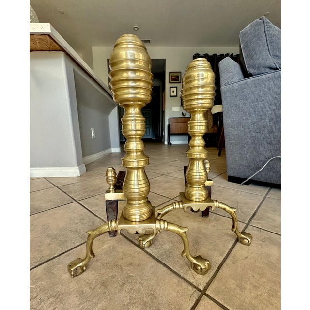 Pair Large Federal Beehive Ball Claw Brass Andirons For Sale - Image 18 of 18
