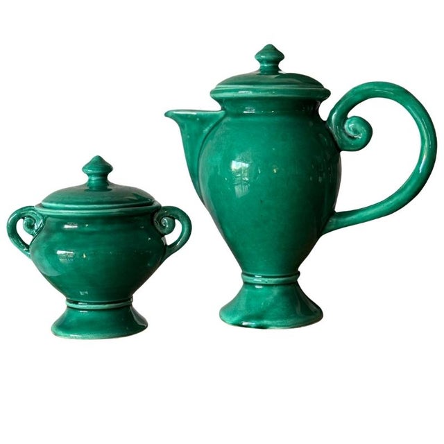 Green Green Glazed Ceramic Teapot and Sugar Bowl from Vallauris, France, 1950s-1960s, Set of 2 For Sale - Image 8 of 8