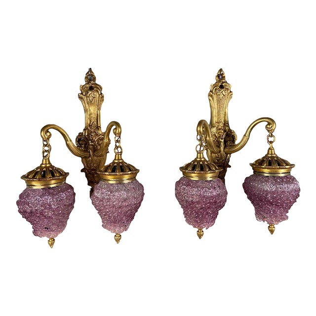 Pair of Vintage Louis XVI Style Gilded Bronze Wall Lamps / Wall Sconces With Purple Crystal Shades For Sale