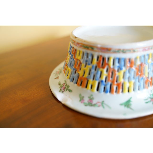 Chinese Canton Famille Rose Reticulated Basket Bowl With Floral and Figural Decoration For Sale - Image 9 of 12