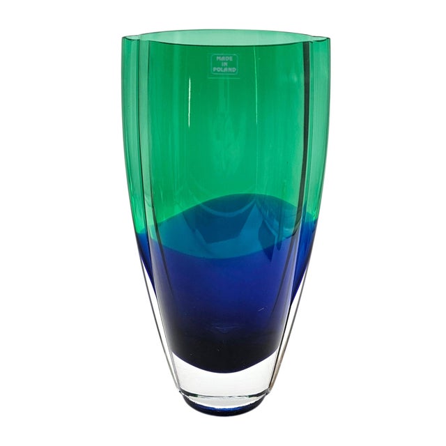 Krosno Polish Art Glass Vase Green Over Blue Cased Modernist Form 11.5" For Sale - Image 10 of 14