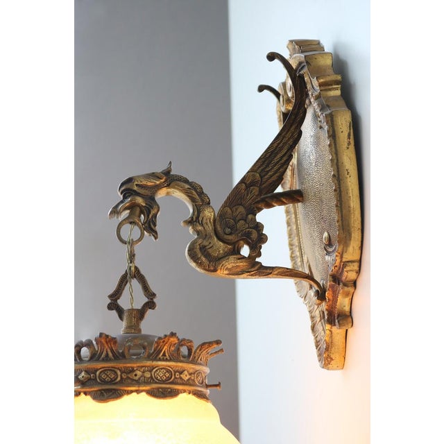 Antique Gothic Revival Bronze Dragon or Griffin Wall Sconce with Pink Glass Shade, Early 20th Century For Sale - Image 14 of 16