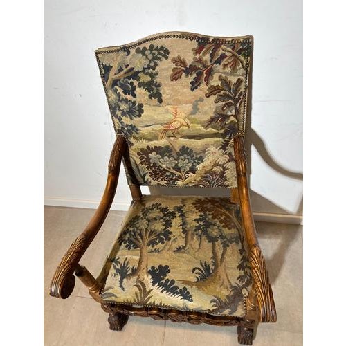 Carved Oak Armchair with Tapestry Upholstery For Sale - Image 3 of 4