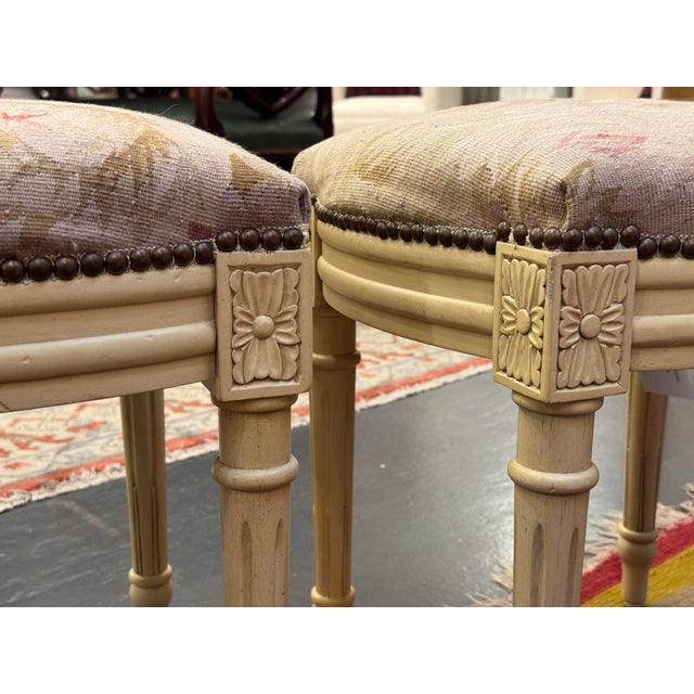 French Mid 20th Century Vintage French Louis XVI Style Painted Stool With Floral Needlepoint Fabric and Nailhead Trim For Sale - Image 3 of 7