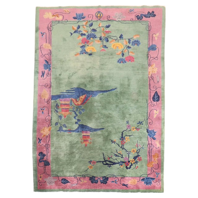 Pink Green Antique Chinese Art Deco Foyer Size Carpet - 6' x 8'6" For Sale - Image 15 of 18