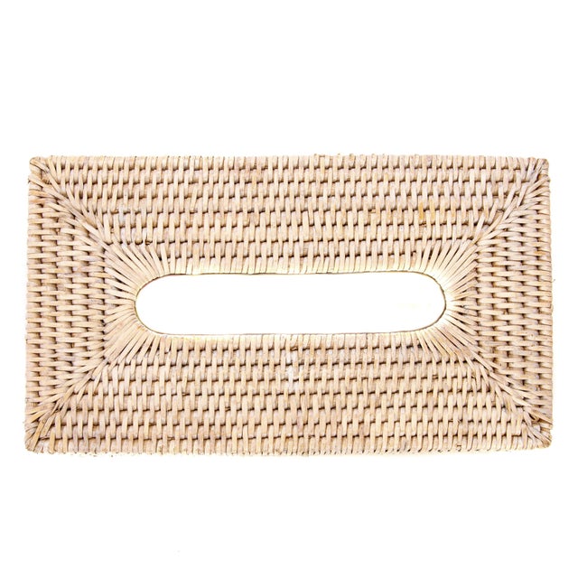 Boho Chic Artifacts Rattan Rectangular Tissue Box Cover, White Wash For Sale - Image 3 of 4