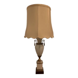 1940’s White Opaline Glass and Ormolu Lamp With Silk Shade For Sale