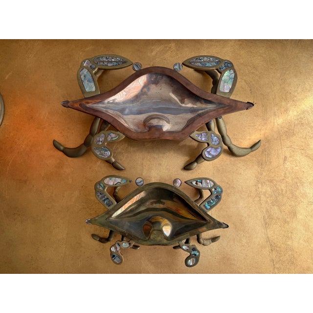 Pair of brass and abalone shell crab sculptures trinket box made in Mexico in the manner of Los Castillo Large : 15" wide,...