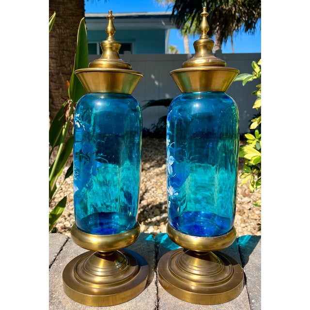 Pair of Covered Brass & Blue Art Glass Urns For Sale In Orlando - Image 6 of 12