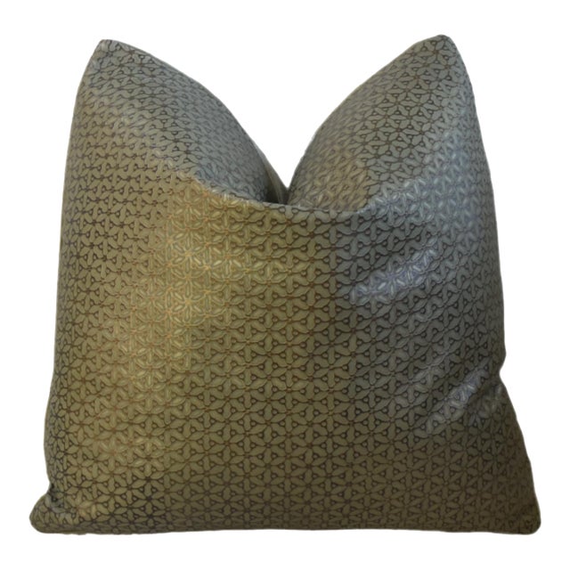 Embossed Brazilian Tanned Leather Green Floral Feather/Down Pillow For Sale