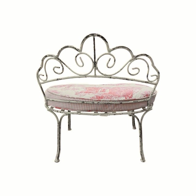 Vintage Wrought Iron Children’s Benches With Custom Toile Cushions - A Pair For Sale - Image 10 of 14