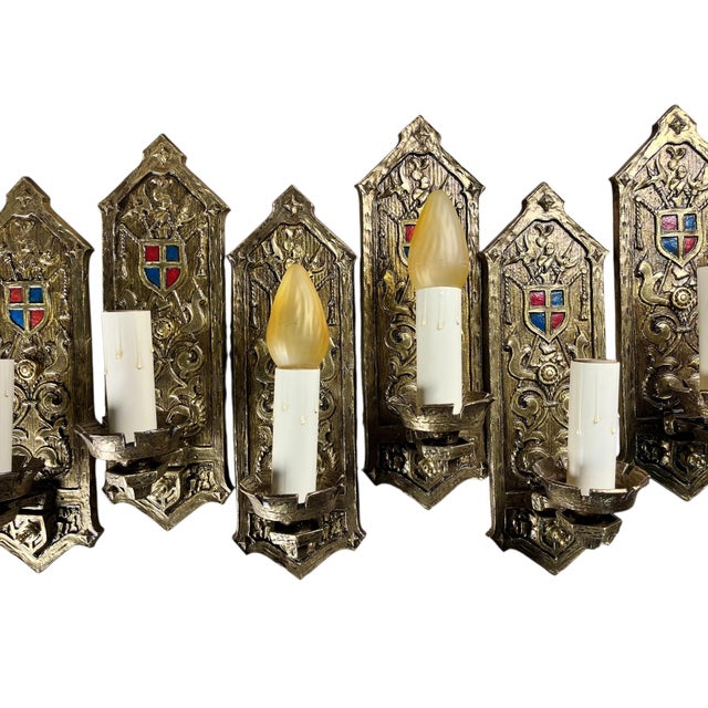English 1910s Stunning Set of 6 Romantic Revival or Tudor Wall Sconces With Original Finish #25100 For Sale - Image 3 of 9