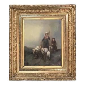 Mid 19th Century French Landscape Oil Painting by Listed Artist Agatha Doutreleau, Framed