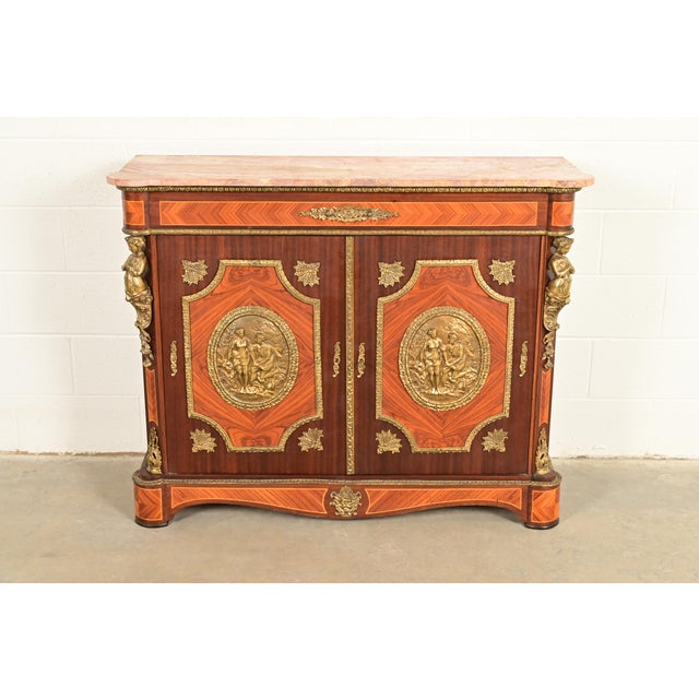 French Paul Sormani Style French Napoleon III Mahogany and Kingwood Marble Top Buffet Server or Bar Cabinet With Mounted Gilt Bronze Ormolu For Sale - Image 3 of 16