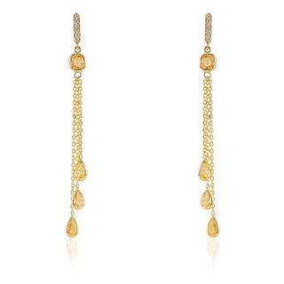 1.92Ct Yellow Sapphire & Diamond Chain Drop Earrings in 14k Yellow Gold- 2 Pieces For Sale