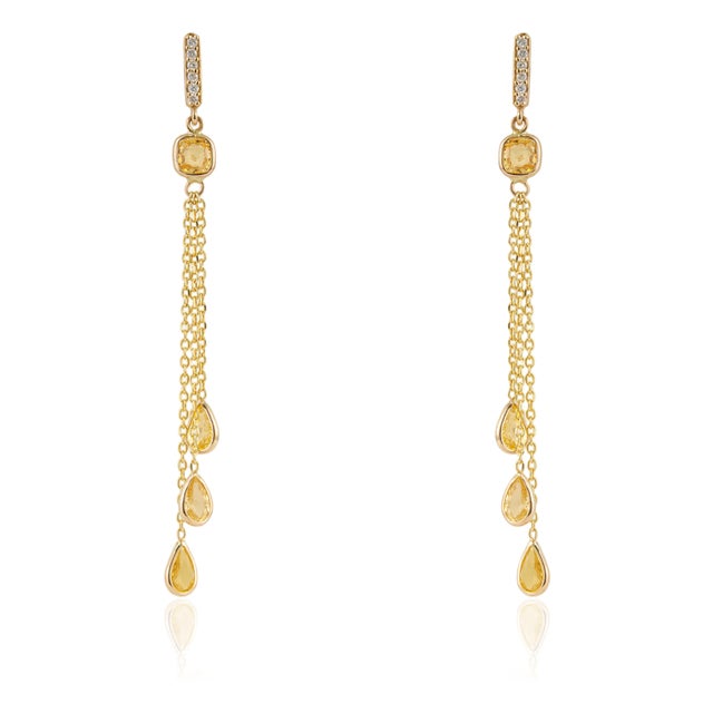 1.92Ct Yellow Sapphire & Diamond Chain Drop Earrings in 14k Yellow Gold- 2 Pieces For Sale