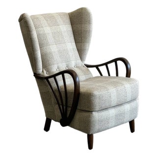 1970s Swedish Highback Lounge Chair in Plaid For Sale