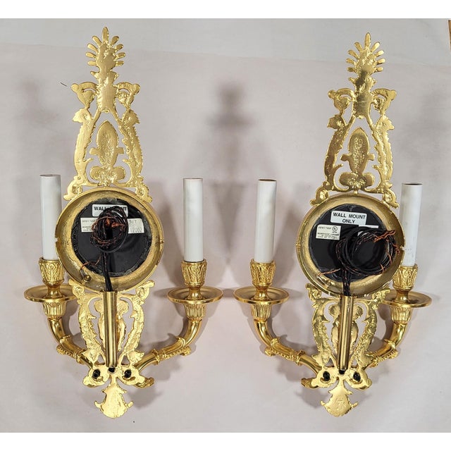 Late 20th Century Late 20th Century French Neoclassical Empire Style Gilt Bronze Two Light Wall Sconces W. Mirrors - a Pair For Sale - Image 5 of 17