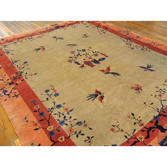Art Deco Distinctive Taupe Background Open Minimalist Floral Pattern Century Chinese Peking Rug For Sale - Image 3 of 6