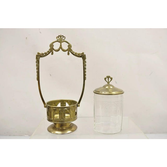 Antique German Art Nouveau Brass Metal Pickle Castor With Etched Glass Insert For Sale - Image 10 of 11