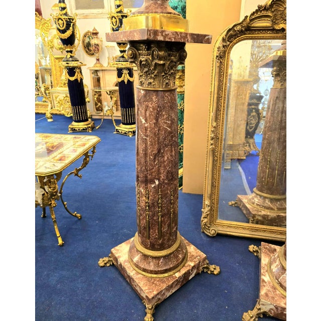 Louis XVI-Style Porcelain Pedestal Centerpiece Set of 2 With Floral Gold Leaf Details & Gilded Bronze Accents For Sale - Image 4 of 11