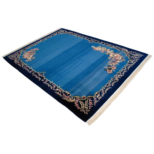 1980s Handmade Rug Blue Turkish Rug - 6'6" X 9'1" For Sale - Image 4 of 18