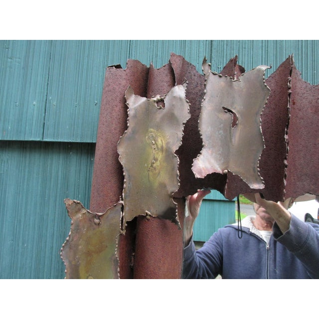 Brutalist Distressed Brutalist Torch Cut Steel Wall Mirror Attributed to Tom Greene, Circa 1970 For Sale - Image 3 of 14